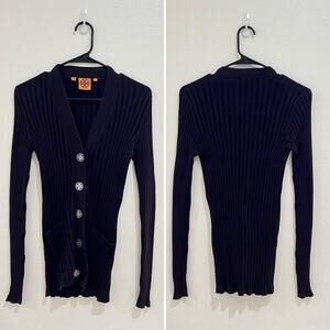 Tory Burch Long Sleeve Ribbed Knit Cardigan Button Front Navy Blue Size Medium